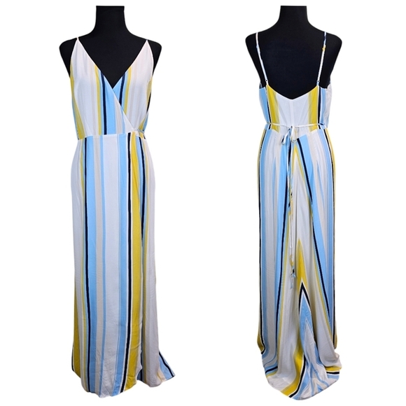 Yumi Kim Striped V-Neck Wrap Full Length Maxi Dress Medium White Spaghetti Strap - Picture 2 of 14